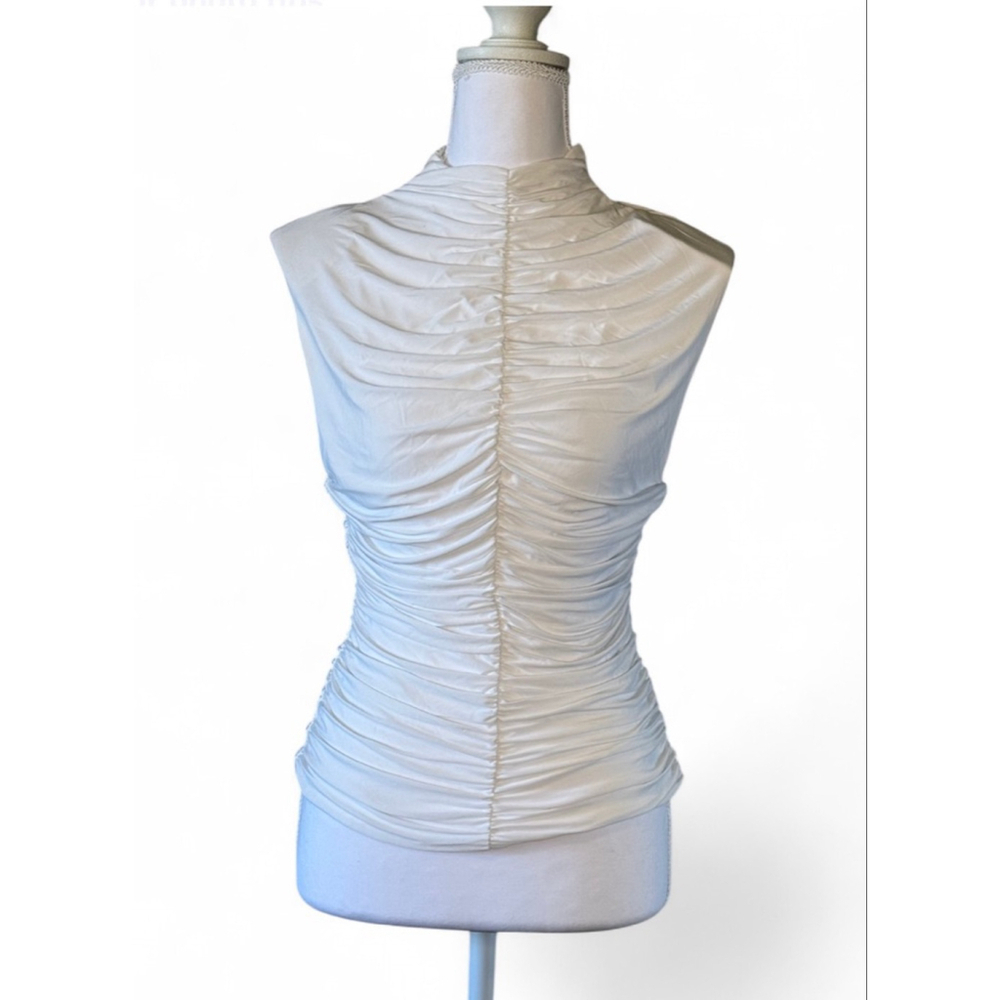 Naked Wardrobe NWT White Ruched High Neck Sleeveless Top Stretch